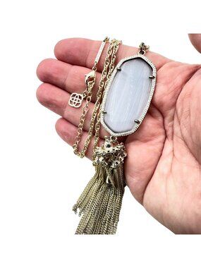 Kendra Scott Rayne Necklace Gold Tone Grey Slate Cats Eye Tassle Pendant